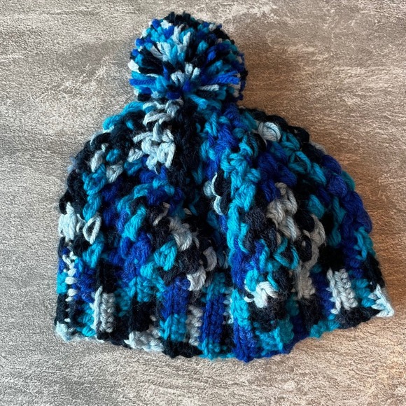 Handmade Baby Crochet Blue Beanie Hat with Pom Pom Winter Knit Cap - Picture 5 of 8